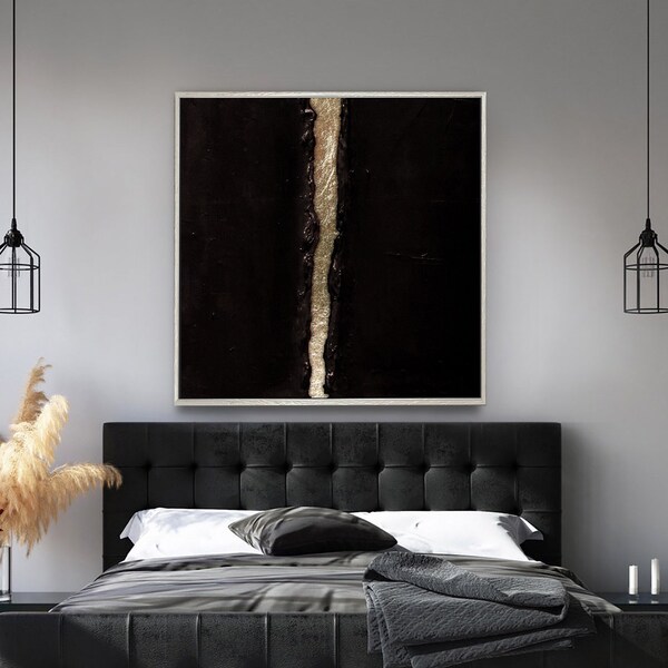 Peinture de texture abstraite sur toile, art mural noir et argent pour salon, peinture de feuille, oeuvre d'art minimaliste, peinture moderne originale