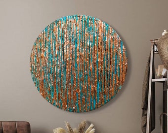 Abstract painting textured on canvas, Round artwork Wall Art Contemporary Art Living Room Copper turquoise Art custom painting industrial