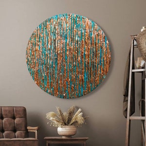 Abstract painting textured on canvas, Round artwork Wall Art Contemporary Art Living Room Copper turquoise Art custom painting industrial