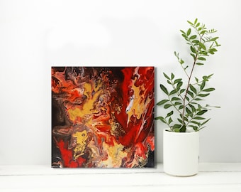 Abstract Acrylic Painting: Black, Red, and Gold Fluid Art