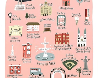 Savannah Georgia Art Print: Illustrated Map, Historic Landmarks