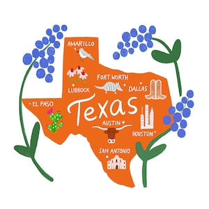 Carte du Texas / Impression d'art Texas / Décoration murale / Art pour enfants / Art du Texas