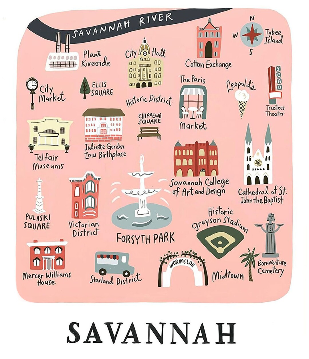 Savannah Map / Art Print Georgia / Wall Decor / Kids Art / - Etsy