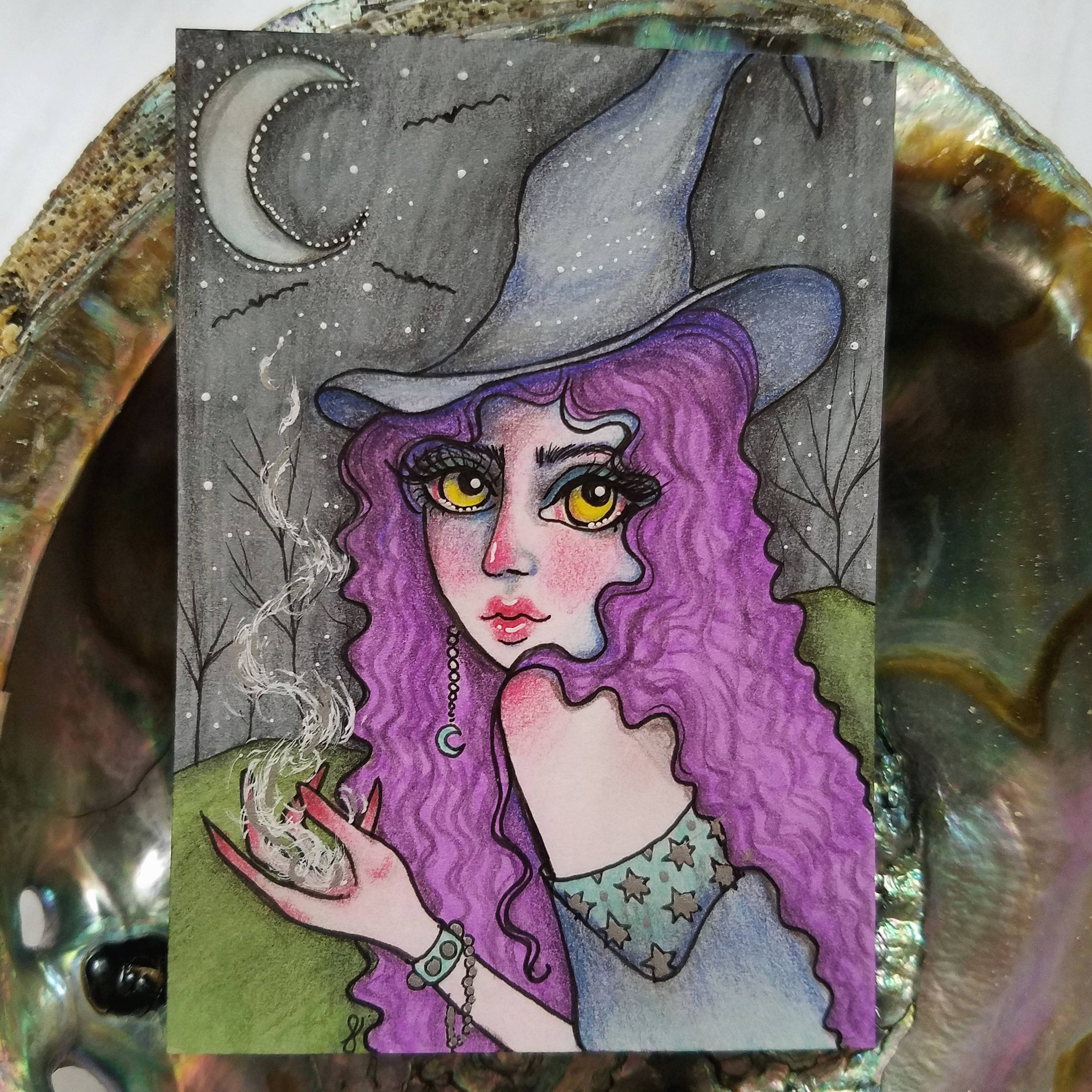 Original Purple Hair Witch Magic Drawing Artist Trading Card Etsy