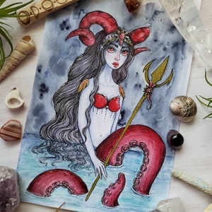 Demon Mermaid Octopus Illustration Print 8x10