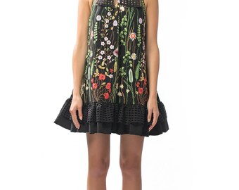 Elena - Embroidered Floral Trapeze Black Dress w/ Black Lining