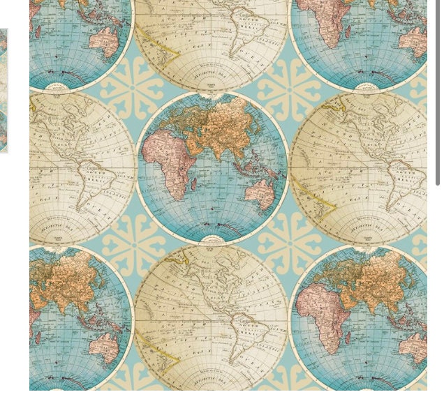 Fabric World Map Cotton Fabric Globe Vintage Etsy