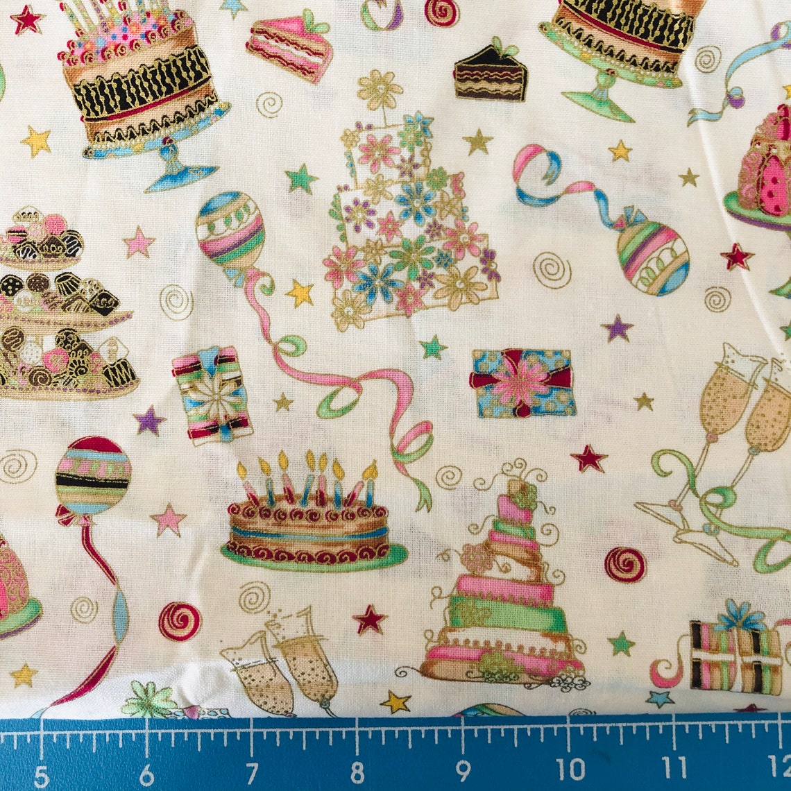 Fabric Birthday Celebrations Cotton Fabric Party Time Cake Etsy
