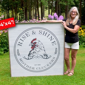 Rise & Shine Mother Cluckers Bemaltes Holzschild Einzigartiges Geschenk Cottage Weiße Sammlung Bemaltes Schild Bauernhaus Schild Küchenschild
