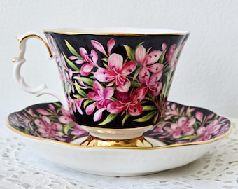Vintage Royal Albert Fireweed Teacup & Saucer • Black Provincial Flowers • Vintage Bone China
