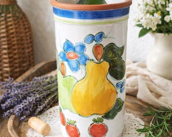 Vintage Italian Hand‑Painted Fruit Wine Cooler – Terracotta Rim Ceramic Barware