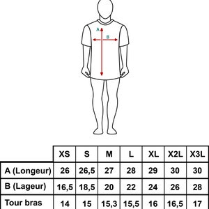 May include: Size chart for a t-shirt with measurements in inches for the length, width, and sleeve length. Sizes include XS, S, M, L, XL, 2XL, and 3XL.