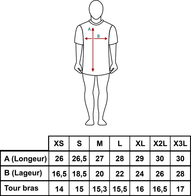 May include: Size chart for a t-shirt with measurements in inches for the length, width, and sleeve length. Sizes include XS, S, M, L, XL, 2XL, and 3XL.