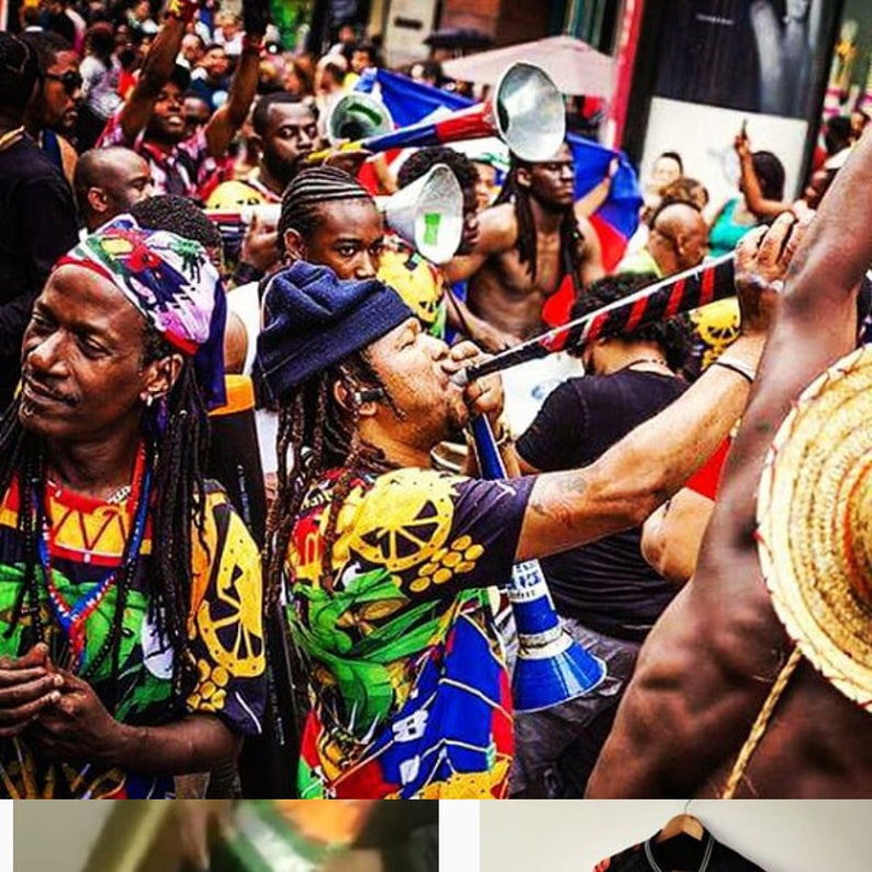 May include: A group of people in a street parade, wearing colorful clothing and playing musical instruments. Some people are holding flags and others are playing drums. The people are smiling and having fun.