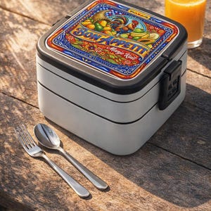 May include: A white and black lunch box with a colourful lid featuring a rooster, fruits, and the words "Bon Appetit". A glass of orange juice and silverware are next to the lunch box on a wooden surface.