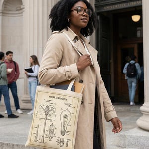 Puede incluir: Una bolsa de lona beige con un diseño de plano vintage y el texto "FIGURE 1: INNOVATION". La bolsa es llevada por una persona que lleva una gabardina beige y gafas. El fondo incluye una entrada a la biblioteca universitaria.