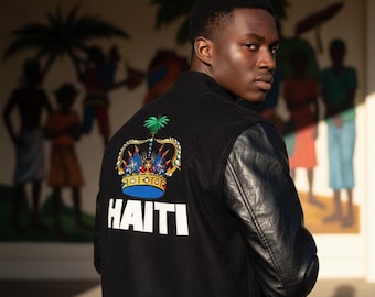 Custom Haiti Varsity Jacket, Real Leather Sleeves, Embroidered Crown & Palm, Personalized Name, Unisex Letterman Coat