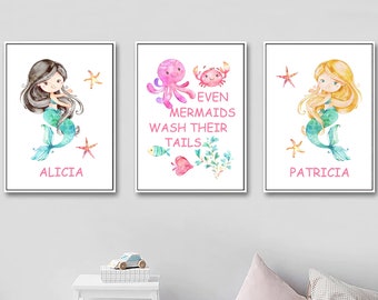 Mermaids Girls Bathroom Printable Art Set Sisters Bathroom | Etsy