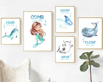 Mermaid and Sea Life Girls Bathroom Art Set Printable | Etsy