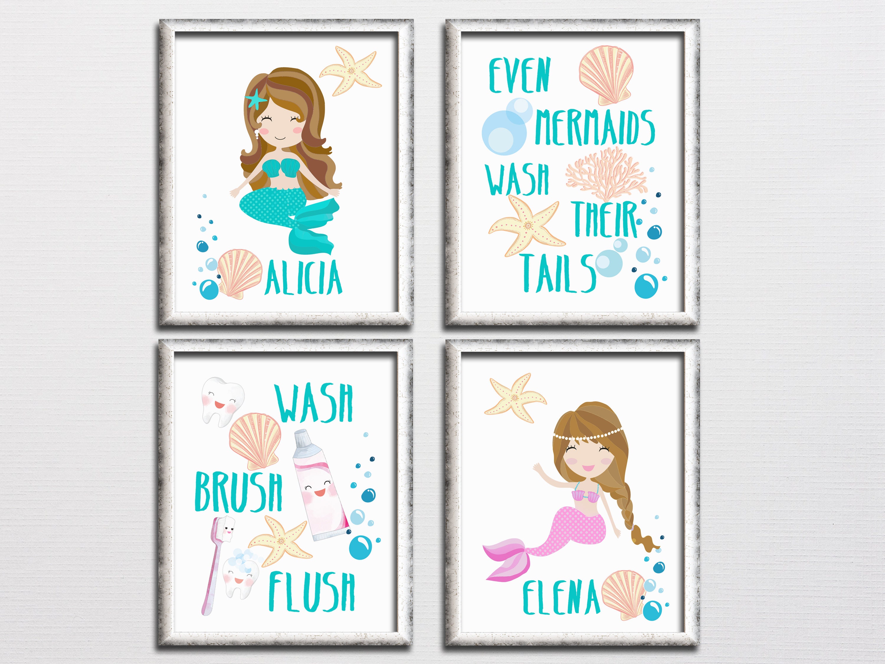 Mermaids personalized girls bathroom printable art set | Etsy