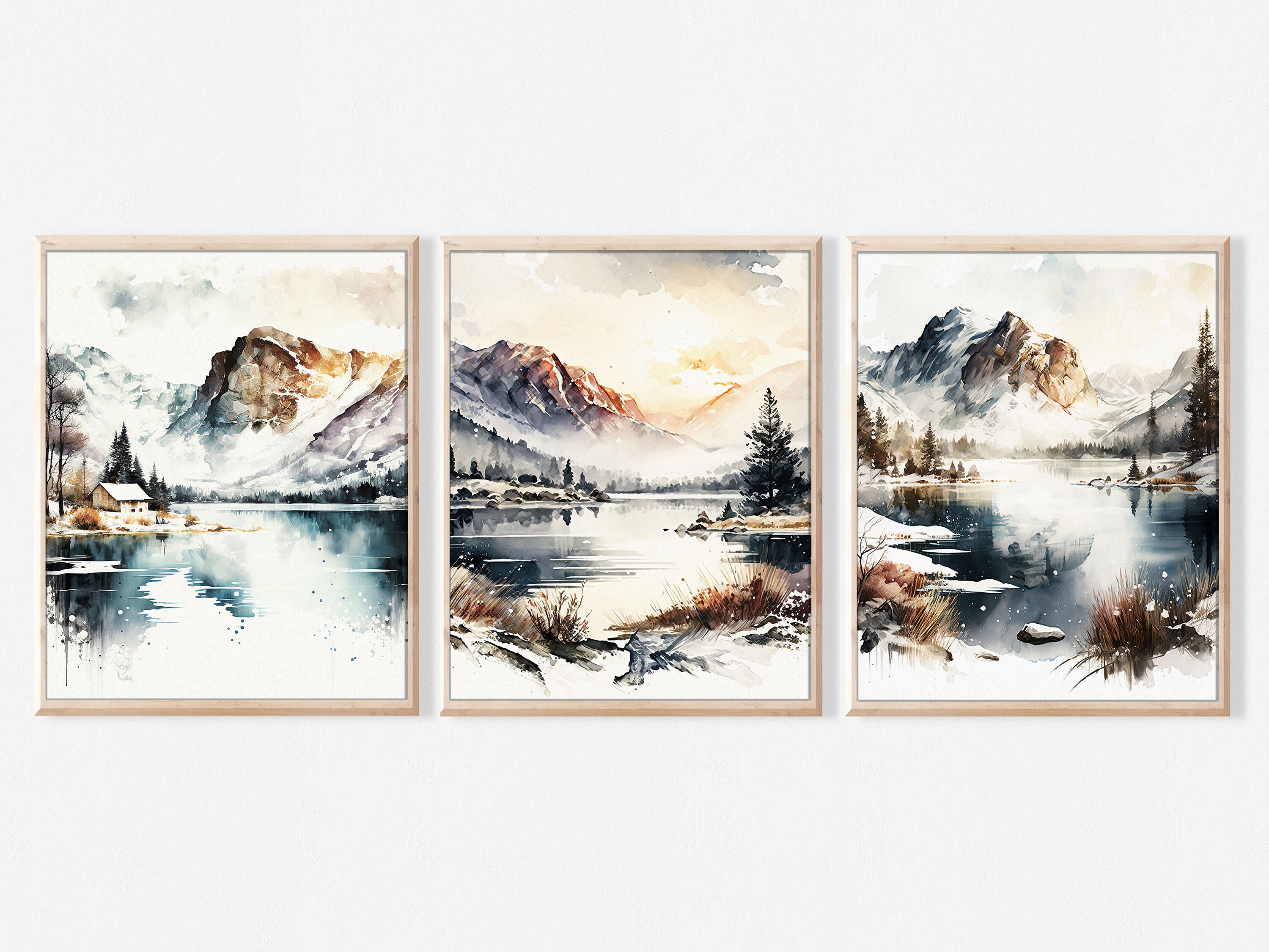 Mountain and Lake Landscape Art Set of 3 Prints Neutral Etsy