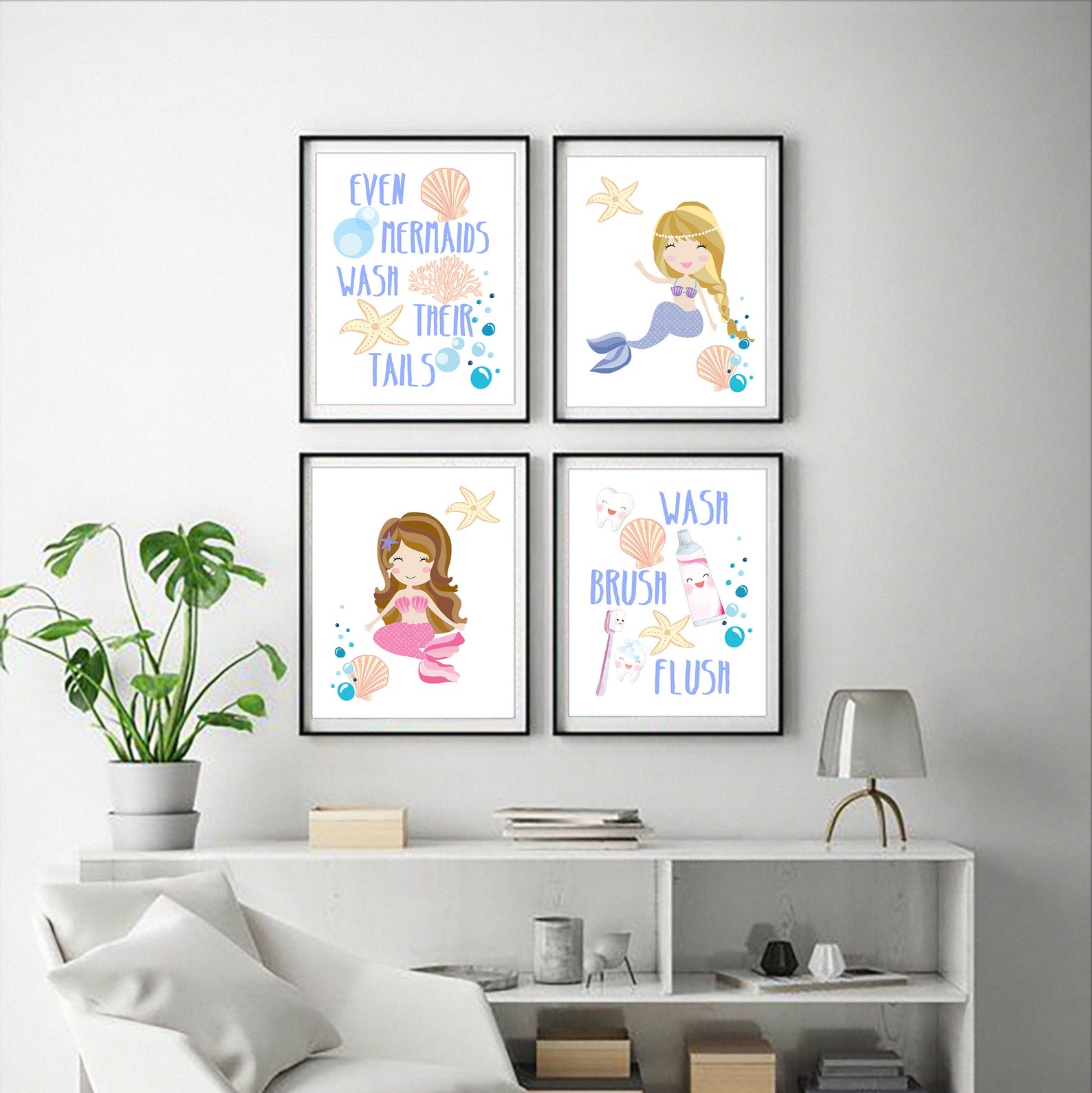 Mermaids Girls Bathroom Printable Art Set Download Mermaids | Etsy