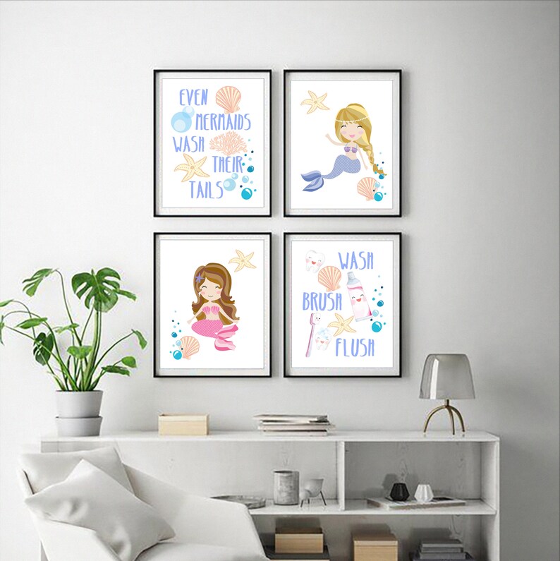 Mermaids Girls Bathroom Printable Art Set Download Mermaids | Etsy