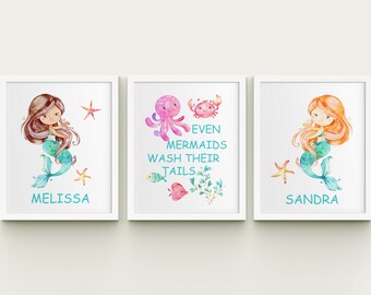 Mermaids Girls Bathroom Printable Art Set Sisters Bathroom | Etsy