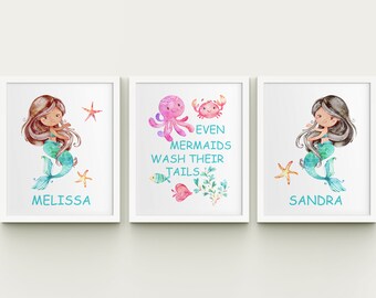 Mermaids Girls Bathroom Printable Art Set Sisters Bathroom | Etsy