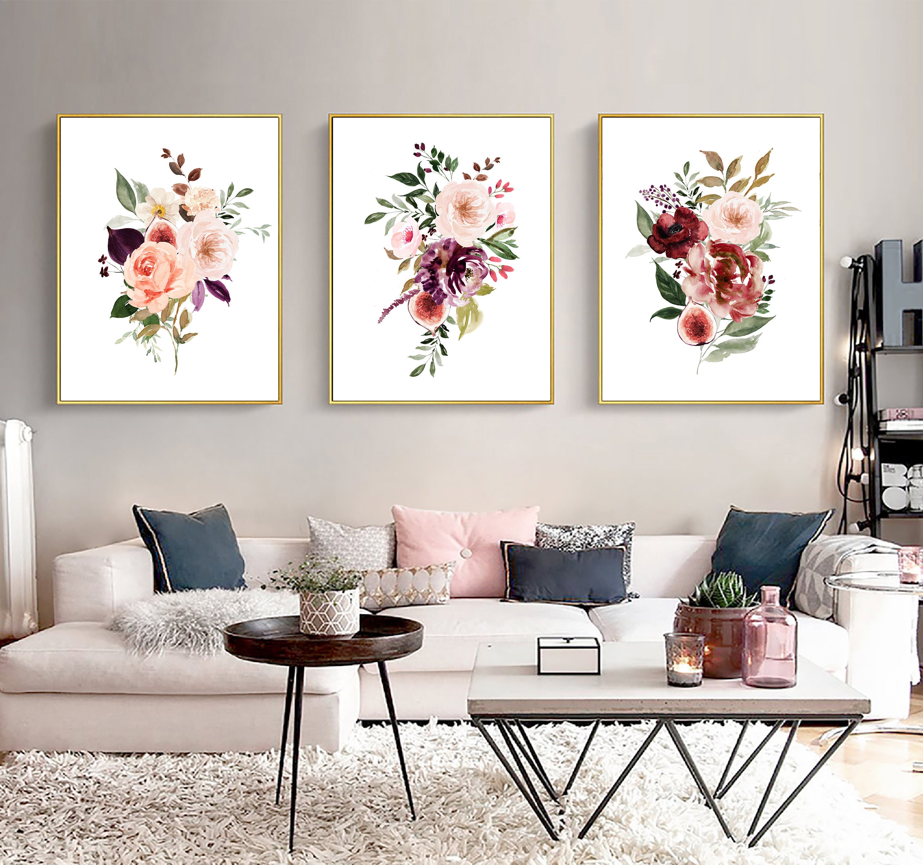 Blush Roses Printable Art Set Download Blush Burgundy | Etsy