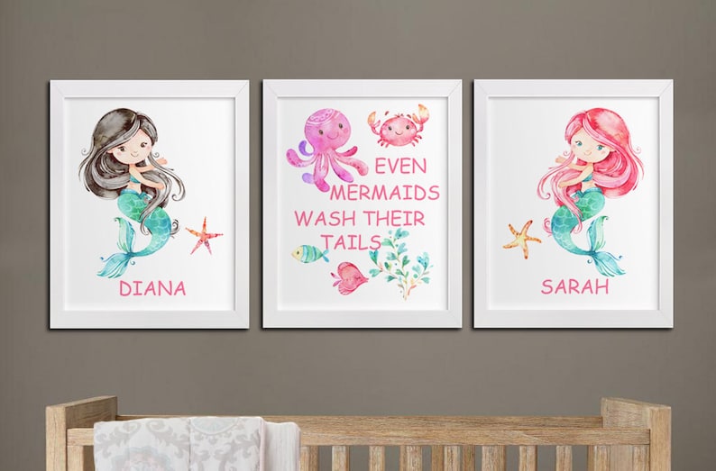 Mermaids Girls Bathroom Printable Art Set Personalized - Etsy