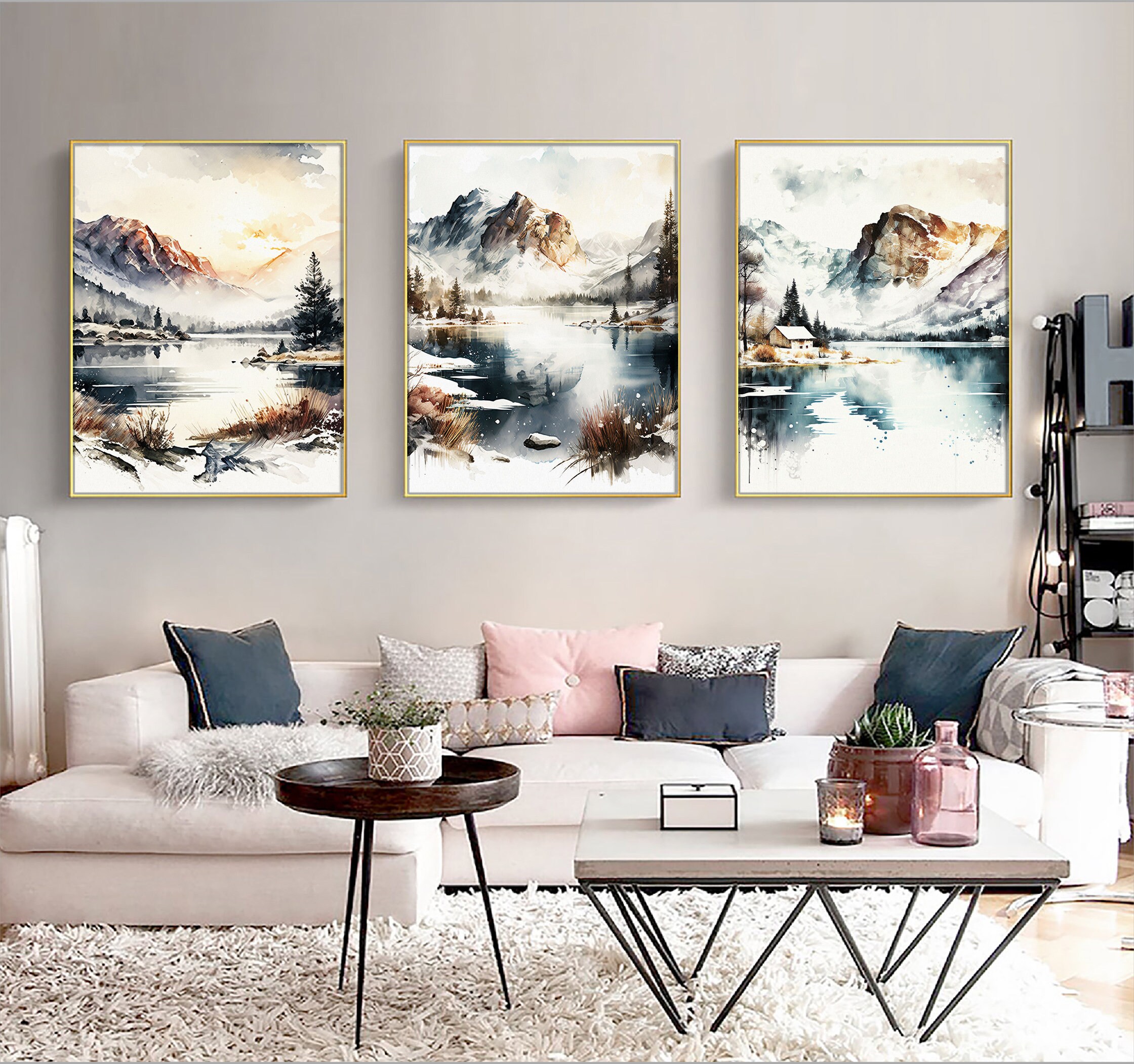 Mountain and Lake Landscape Art Set of 3 Prints Neutral - Etsy