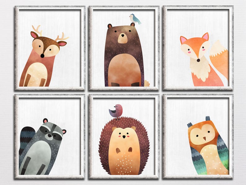 deer owl bear fox kids room art download woodland playroom baby room decor Nursery woodland printable set wall art forest animals