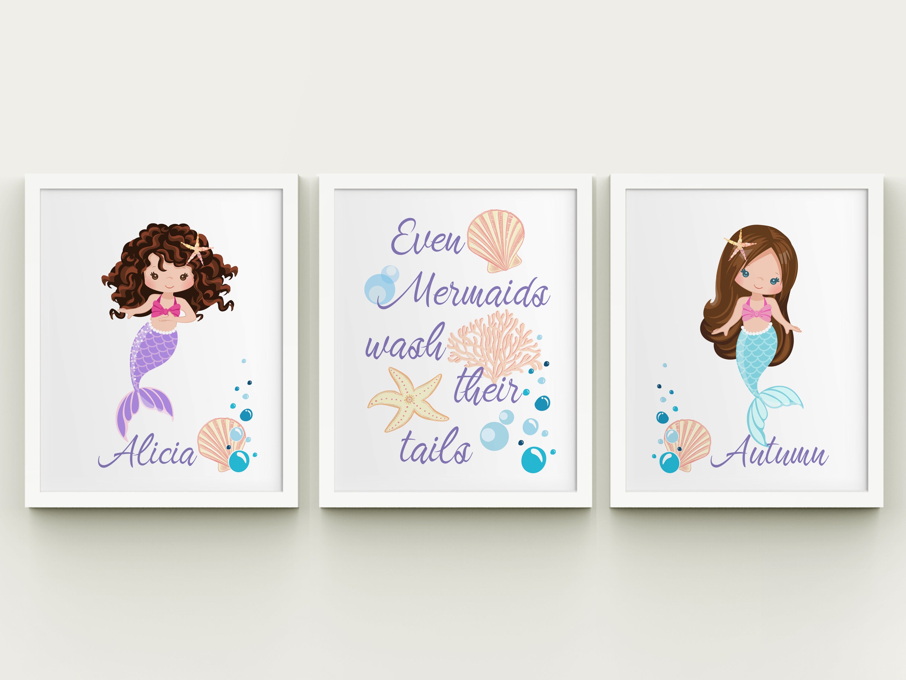 Mermaids personalized girls bathroom printable art set | Etsy