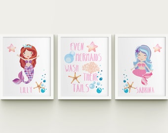 Mermaids Girls Bathroom Printable Art Set Sisters Bathroom | Etsy