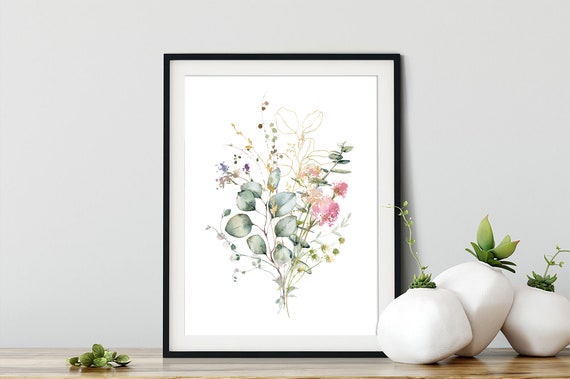 flowers and eucalyptus bouquets prints eucalyptus & gold leaves  watercolor prints Wildflowers and greenery art set of 3 DOWNLOAD