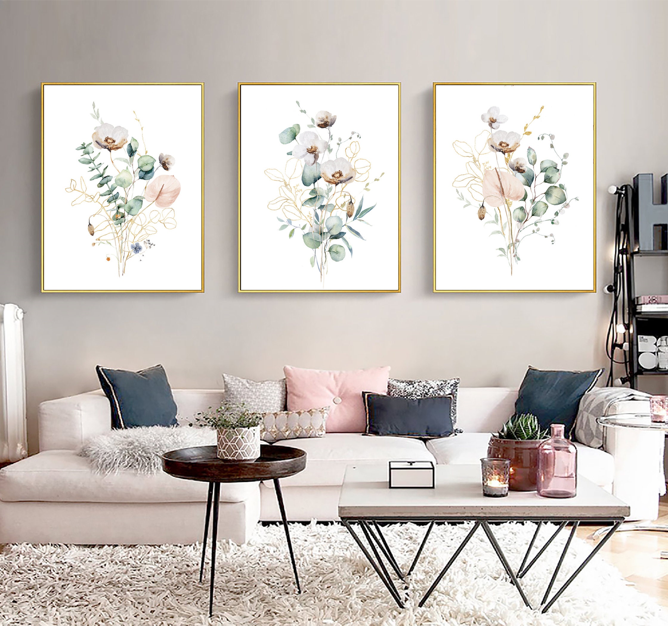 Wildflowers and Greenery Art Set of 3 Flowers and Eucalyptus - Etsy