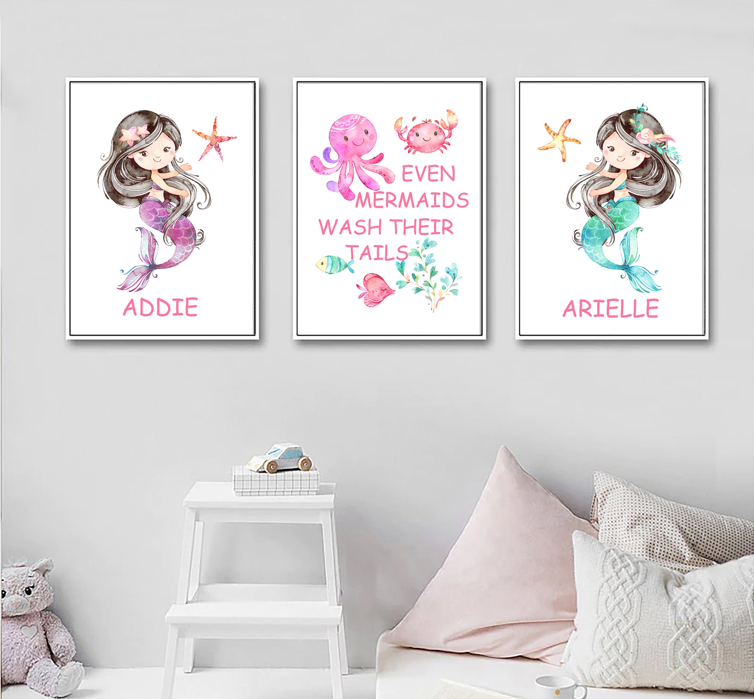 Mermaids Girls Bathroom Printable Art Set Sisters Bathroom | Etsy