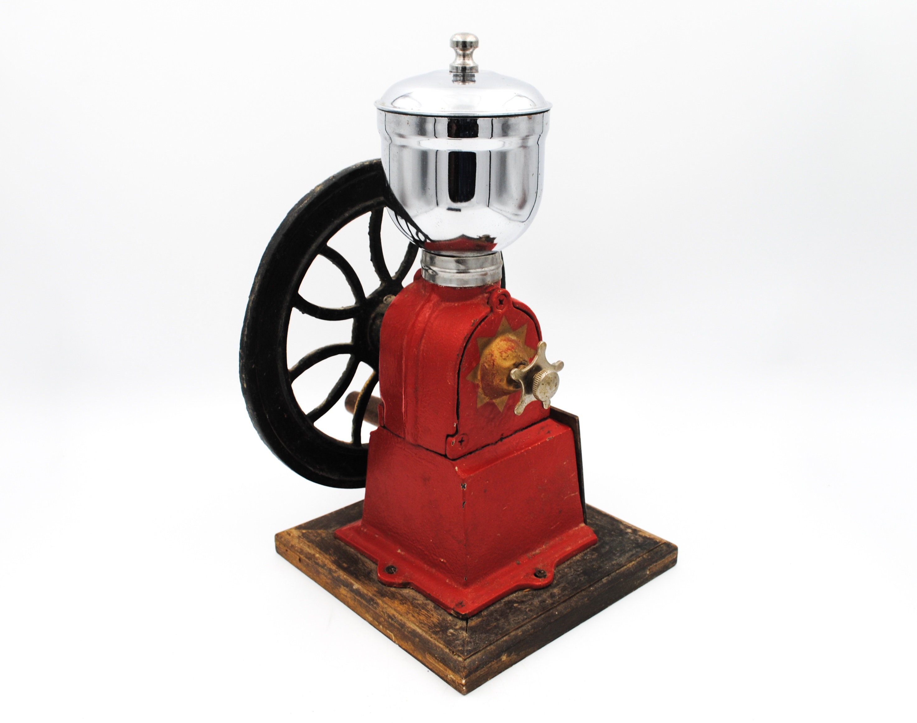 Vintage Coffee Grinder, Red Cast Iron & Wood, Manual Mill, Kitchen