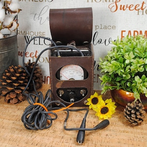 May include: A vintage brown leather-cased electrical testing device with a gauge and dial. The device has a handle and is connected to wires and probes. The image also includes a small potted plant, sunflowers, and pinecones.