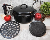 NICE Griswold No. 8 Hinged Lid Dutch Oven with Trivet and Cooker Plate, Collectible Antique Cast Iron Cookware