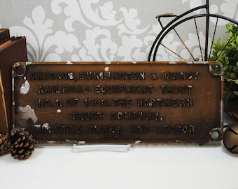 Vintage Chicago, Burlington & Quincy Railroad Equipment Trust No. 1 of 1936 Plaque Sign