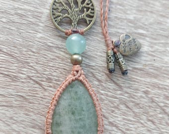 Collar de macramé de ágata musgosa y aventurina. Ropa de festival élfica, gitana, bohemia e hippie. Collar de macramé rústico ajustable con cabujón.