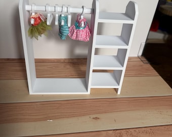 3D Printed Miniature Closet Set | Doll Wardrobe with Clothing Rack & Bookshelf | Choose Your Color | Elf Accessory | Dollhouse Furniture