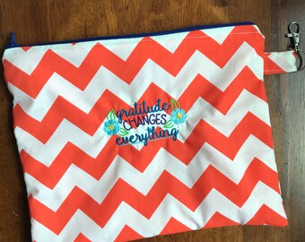 Gratitude Changes Everything; Inspirational Zipper Bag; Chevron; Orange; Makeup Holder; Travel Accessory; Motivational Gift