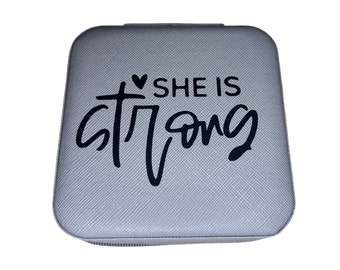She is Strong Jewelry Box; Leather Jewelry Box; Travel Gifts; Gifts for Her; Inspirational; Religious; Storage; Organization
