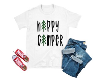 Happy Camper Youth T-Shirt; Camping; Gifts for Kids; Outdoors; Tree; Camp Life