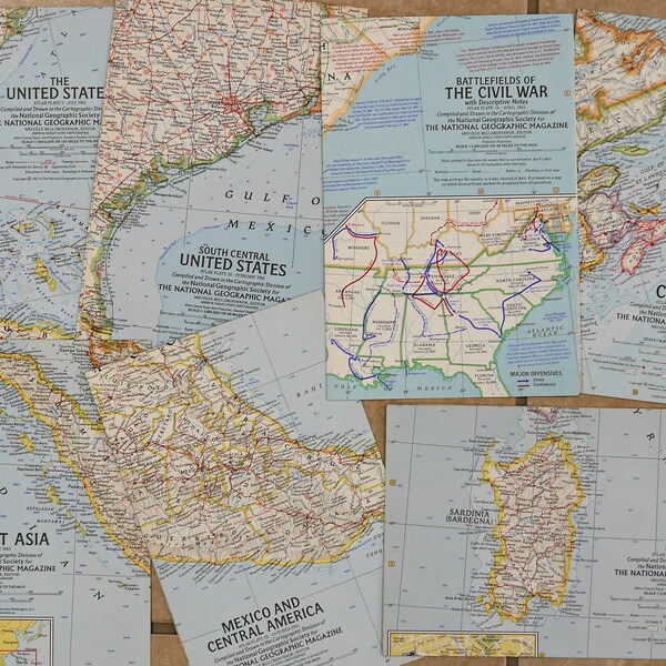 1961's National Geographic 19" x 25" Vintage Quality Maps: USA, Battlefields Civil War, SE Asia, Mexico-Central America, Italy, Canada.