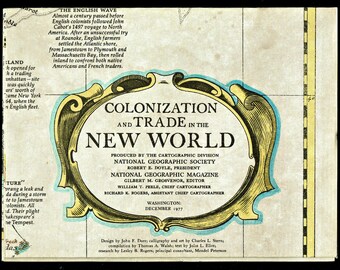 Vintage December 1977 - COLONIZATION & TRADE In the New World - Original National Geographic Map - Excellent Condition