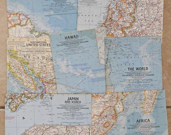1960's - National Geographic - 19" x 25" - Vintage Maps - S. America -NW USA -France Belgium Holland - Hawaii - Africa - World - Japan Korea
